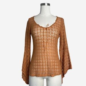 Vintage 90s Heart Star Moon Brown sheer crochet bell sleeve top swamp fairy XS/S